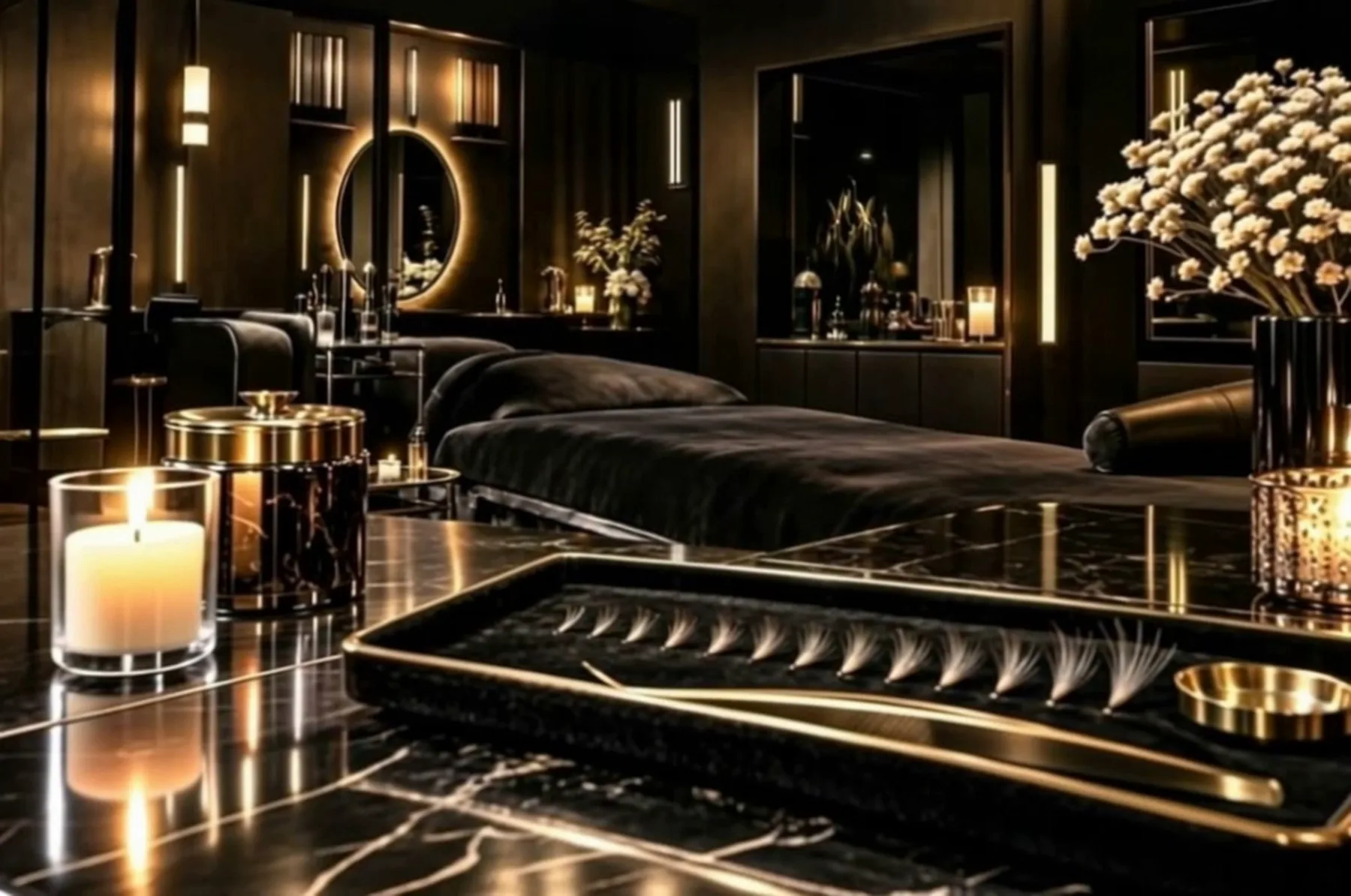 A lash treatment bed under one warm light with a gold cart of tools beside it.