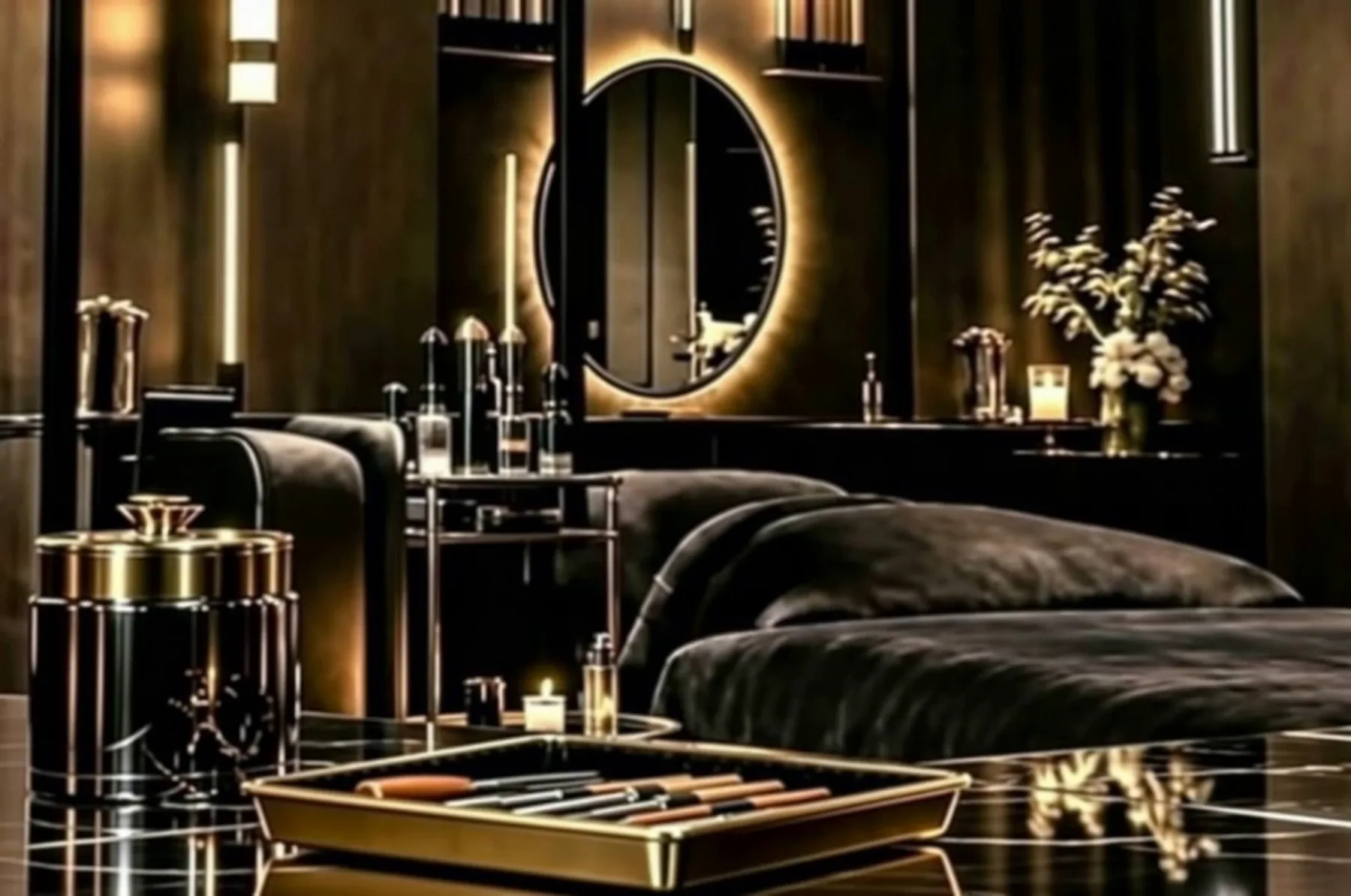 A gold-framed mirror reflecting the warm candlelit studio.