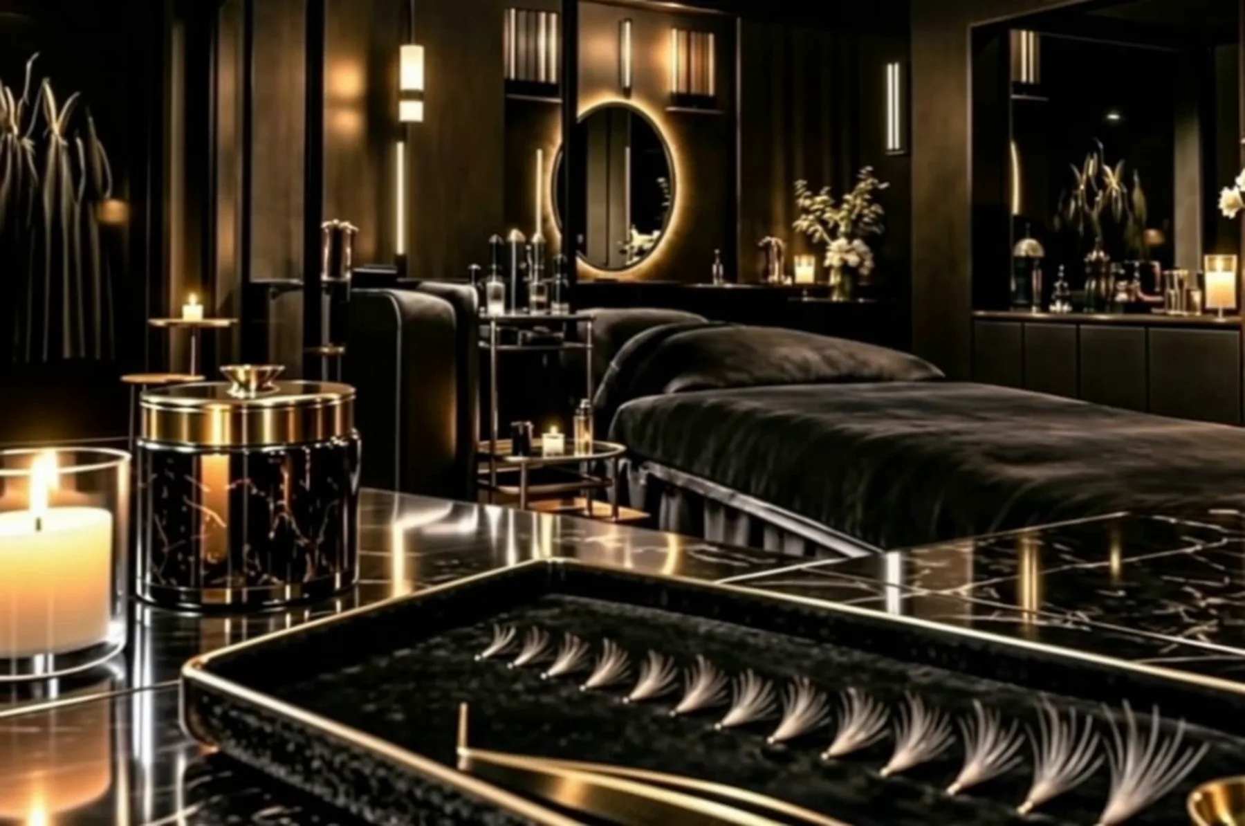 A makeup vanity with a gold-framed mirror and brushes standing in brushed-gold cups.
